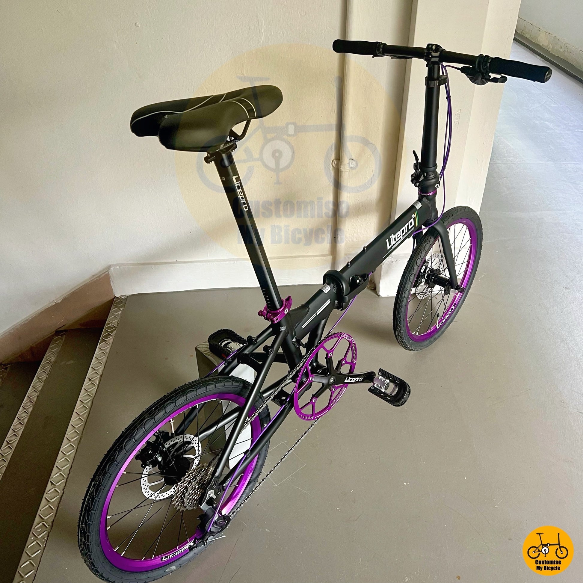 Litepro 20-inch folding bike with matte black frame and purple rims
