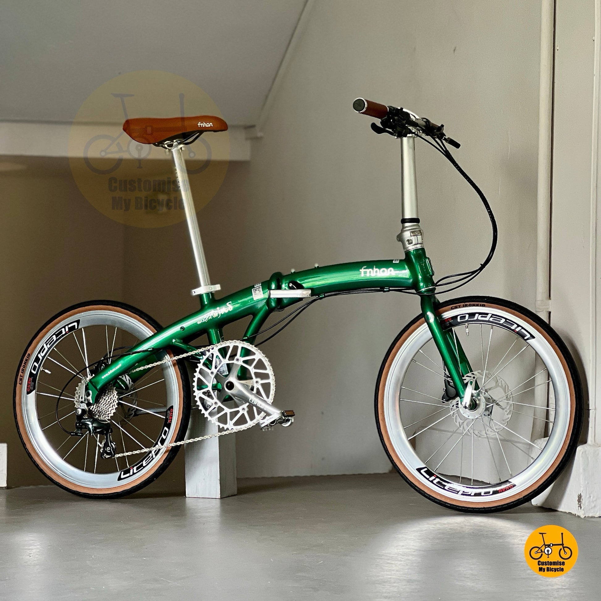 Side view of Fnhon Wind 22 inch Emerald Green folding bike with Shimano 10 Speed Tiagra gears  
