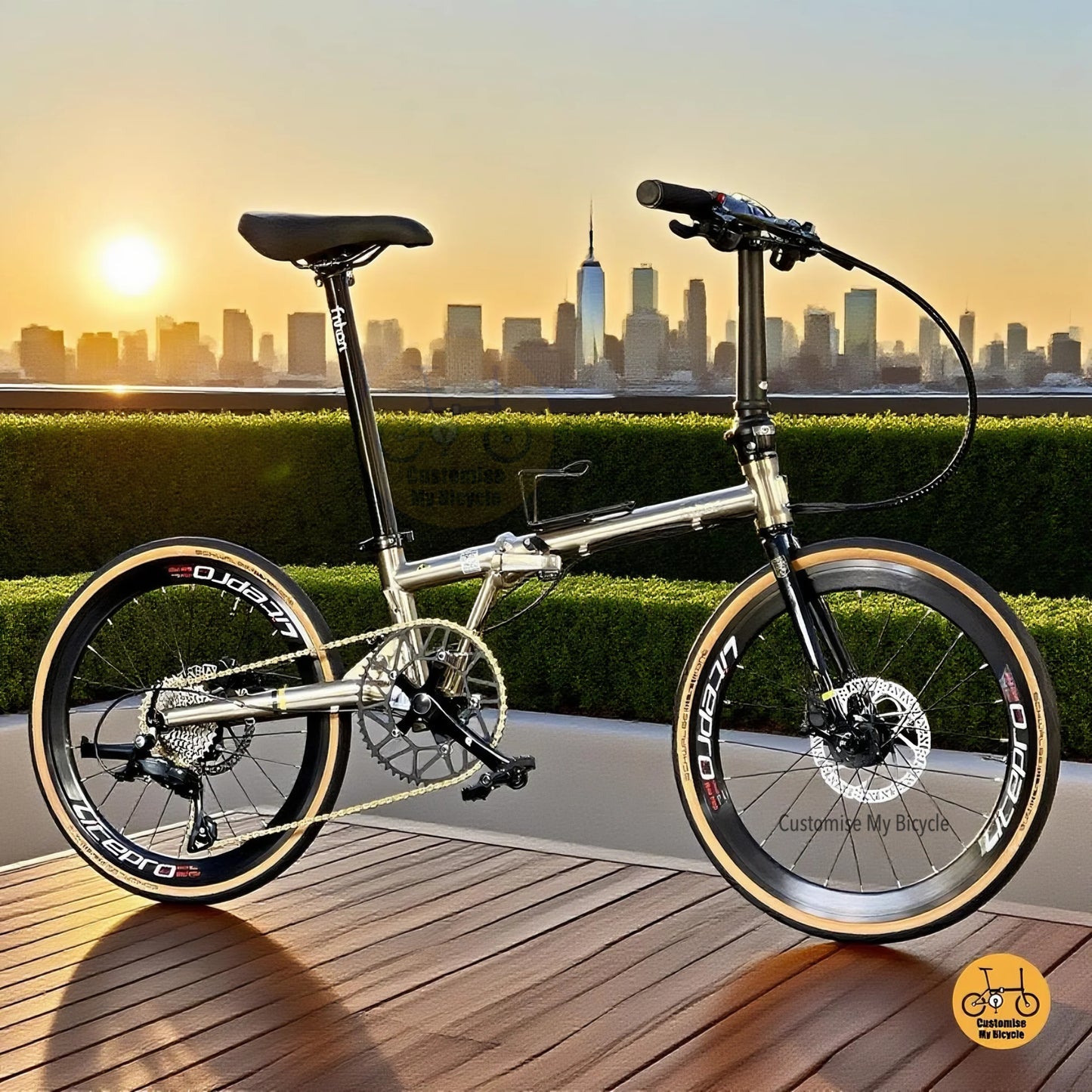 Side profile of Fnhon Gust 22-inch titanium gold folding bike showing full frame geometry, tan wall tires, and Litepro wheels.

