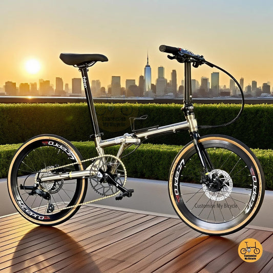 Side profile of Fnhon Gust 22-inch titanium gold folding bike showing full frame geometry, tan wall tires, and Litepro wheels.
