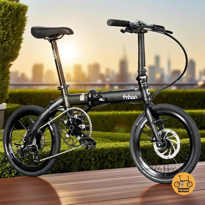 Fnhon Breeze 18-inch folding bike in matte black with Sensah 5-speed gears for compact travel and daily commute

