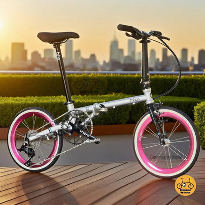 Fnhon Gust 18 Inch Foldable Bicycle Grey Pink Accent Rims Shimano 9 Gears Litepro Crank Compact Foldie
16" 349