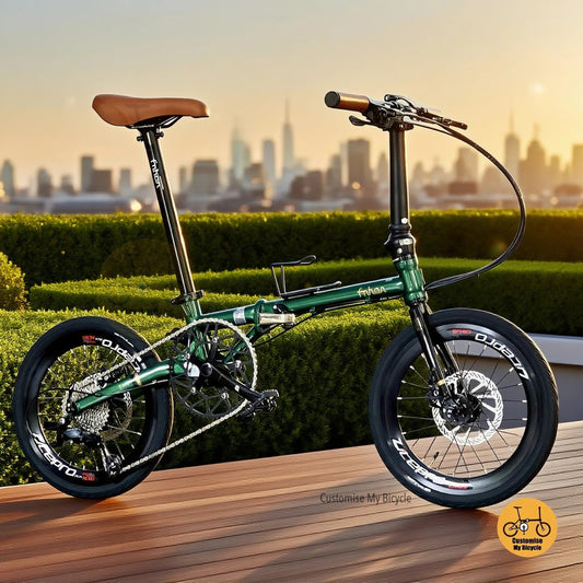 Fnhon Gust 18-inch folding bike in emerald green with Shimano 9 gears and Litepro crankset, city skyline background