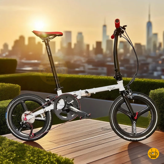 A snow white colored Fnhon Gust folding bicycle with 349 carbon wheels and Shimano 11-speed components, displayed in front of a blurred background featuring a red tower.